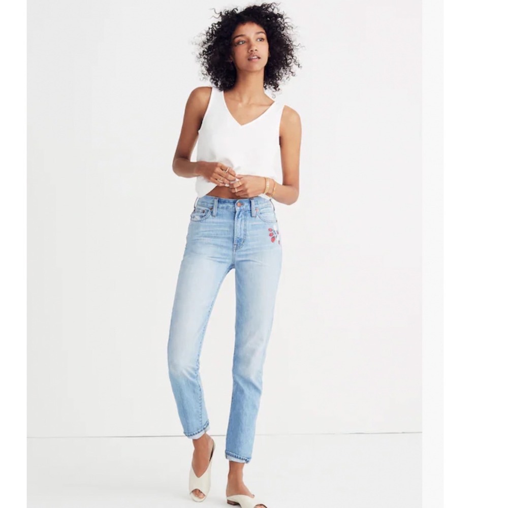 Madewell Light Wash Straight Leg Jeans with Subtle Embroidery